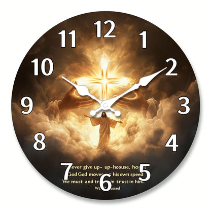 1Pc 2D Flat Jesus Cross Religious Print Wall Clock, 12Inch Silent Wooden Round Clock For Living Room, Religious Home Decor Gift, AA Battery