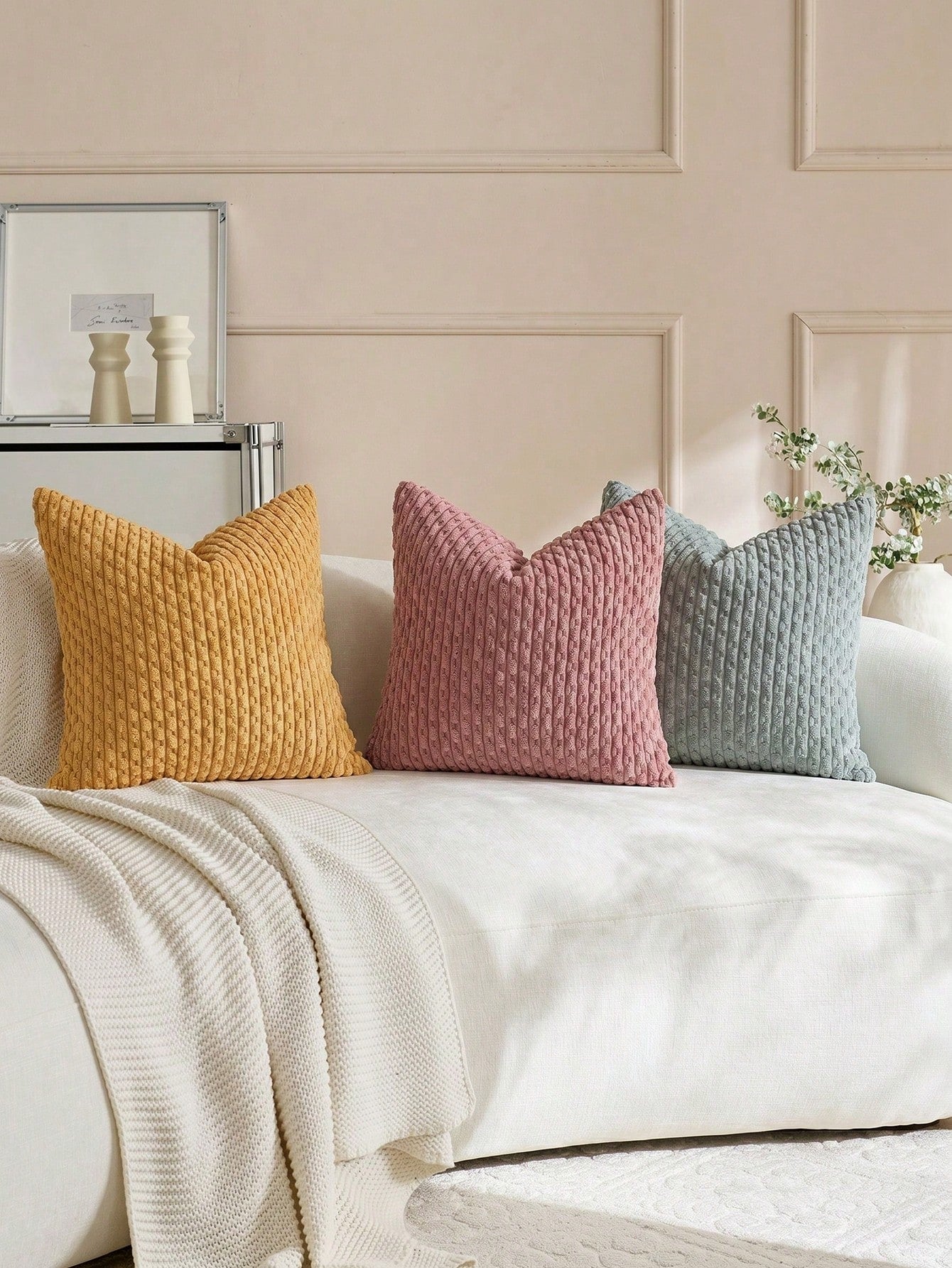 1pc/2pcs Bohemian Striped Throw Pillow Cover (Insert Not Included), Soft Plush Corduroy Solid Color Decorative Square Pillow Case, Suitable For Holiday, Sofa, Bedroom, Bed, All Seasons Use.