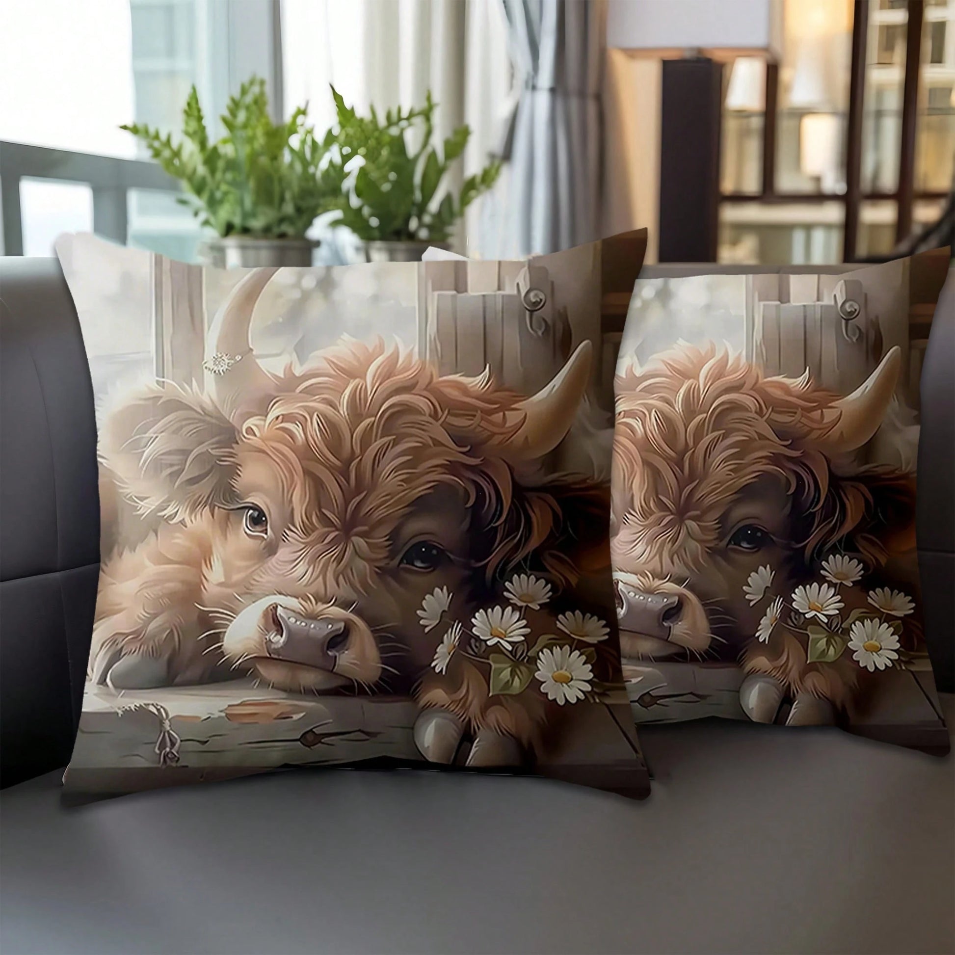 1pc/2pcs Highland Cow Throw Pillow Covers, 18x18 Inch, Adorable Animal Theme, Contemporary Style, Polyester, Zippered, Machine Washable, Decorative Cushion Cases For Living Room Sofa And Bedroom Decor