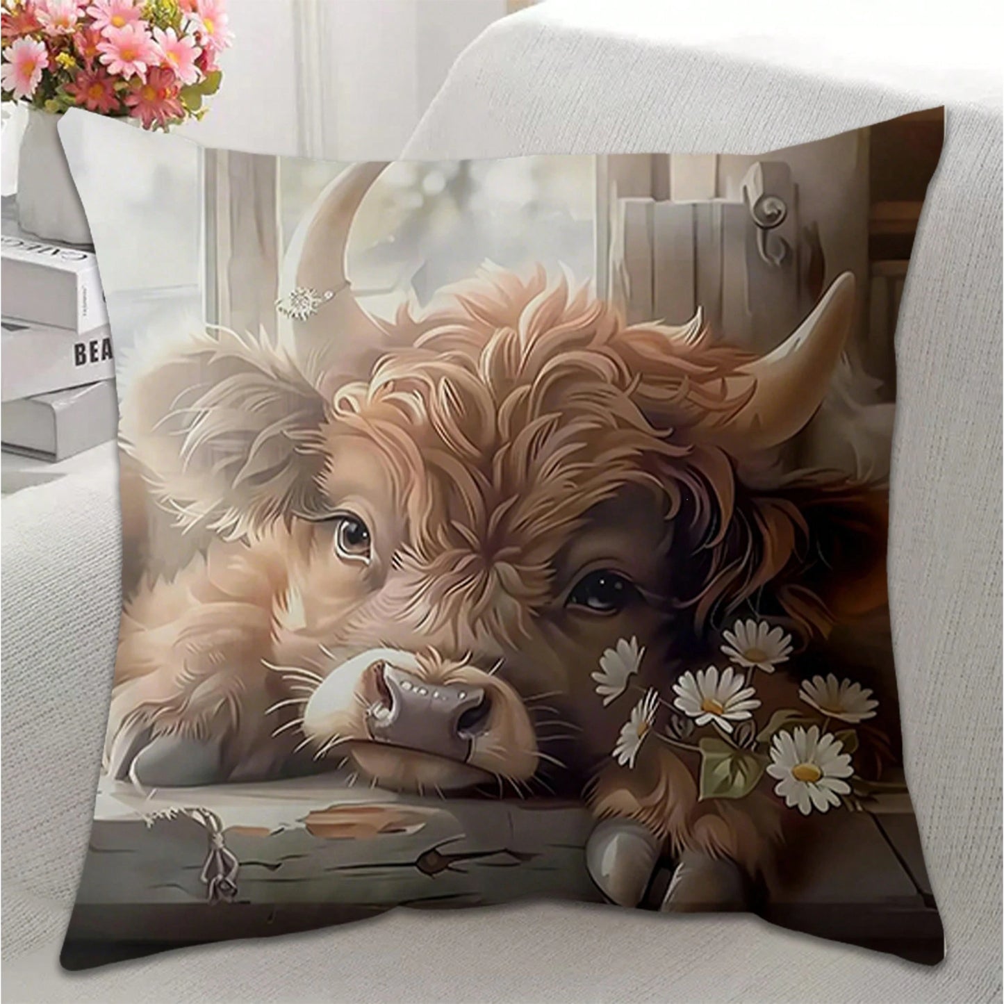 1pc/2pcs Highland Cow Throw Pillow Covers, 18x18 Inch, Adorable Animal Theme, Contemporary Style, Polyester, Zippered, Machine Washable, Decorative Cushion Cases For Living Room Sofa And Bedroom Decor