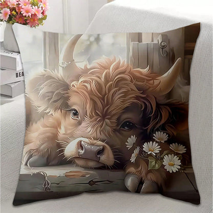 1pc/2pcs Highland Cow Throw Pillow Covers, 18x18 Inch, Adorable Animal Theme, Contemporary Style, Polyester, Zippered, Machine Washable, Decorative Cushion Cases For Living Room Sofa And Bedroom Decor