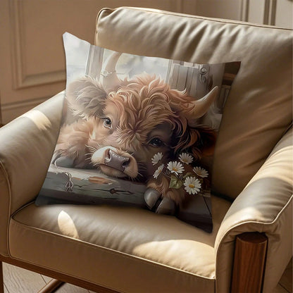 1pc/2pcs Highland Cow Throw Pillow Covers, 18x18 Inch, Adorable Animal Theme, Contemporary Style, Polyester, Zippered, Machine Washable, Decorative Cushion Cases For Living Room Sofa And Bedroom Decor