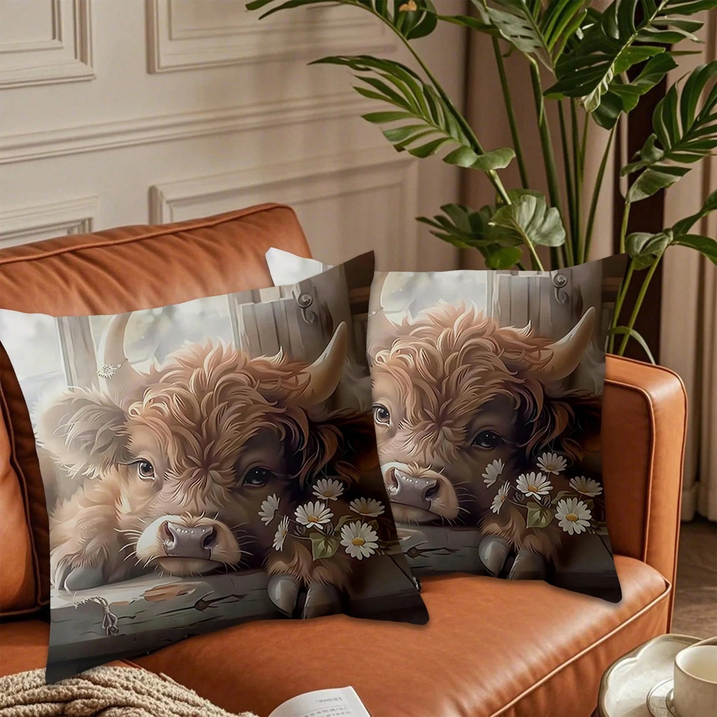 1pc/2pcs Highland Cow Throw Pillow Covers, 18x18 Inch, Adorable Animal Theme, Contemporary Style, Polyester, Zippered, Machine Washable, Decorative Cushion Cases For Living Room Sofa And Bedroom Decor