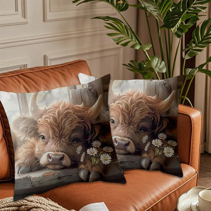 1pc/2pcs Highland Cow Throw Pillow Covers, 18x18 Inch, Adorable Animal Theme, Contemporary Style, Polyester, Zippered, Machine Washable, Decorative Cushion Cases For Living Room Sofa And Bedroom Decor