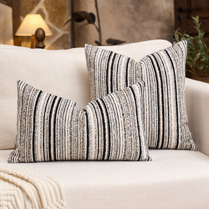 1pc/2pcs Luxury Chenille Striped Decorative Throw Pillow Cover, Without Pillow Insert, Black & Beige Boucle Texture, Square Shape, Suitable For Sofa, Living Room, Bedroom, Farmhouse, Also As Gift