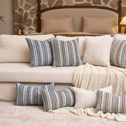 1pc/2pcs Luxury Chenille Striped Decorative Throw Pillow Cover, Without Pillow Insert, Black & Beige Boucle Texture, Square Shape, Suitable For Sofa, Living Room, Bedroom, Farmhouse, Also As Gift