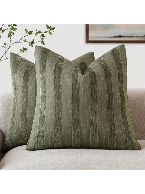 1pc/2pcs Olive Green 3D Striped Throw Pillow Cover (Pillow Insert Not Included), Modern Fashionable Soft Chenille And Faux Linen Blend Dual-Tone Striped Comfortable Cushion Cover, Suitable For Home So