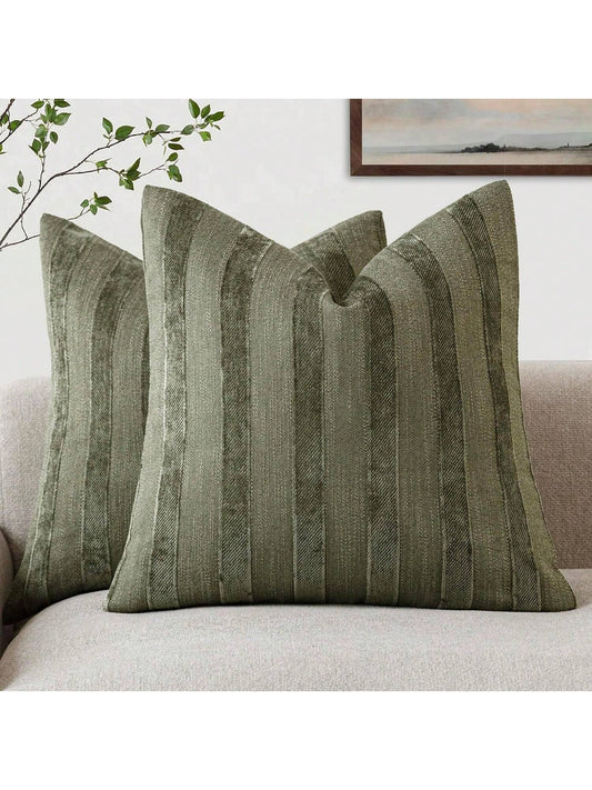 1pc/2pcs Olive Green 3D Striped Throw Pillow Cover (Pillow Insert Not Included), Modern Fashionable Soft Chenille And Faux Linen Blend Dual-Tone Striped Comfortable Cushion Cover, Suitable For Home So