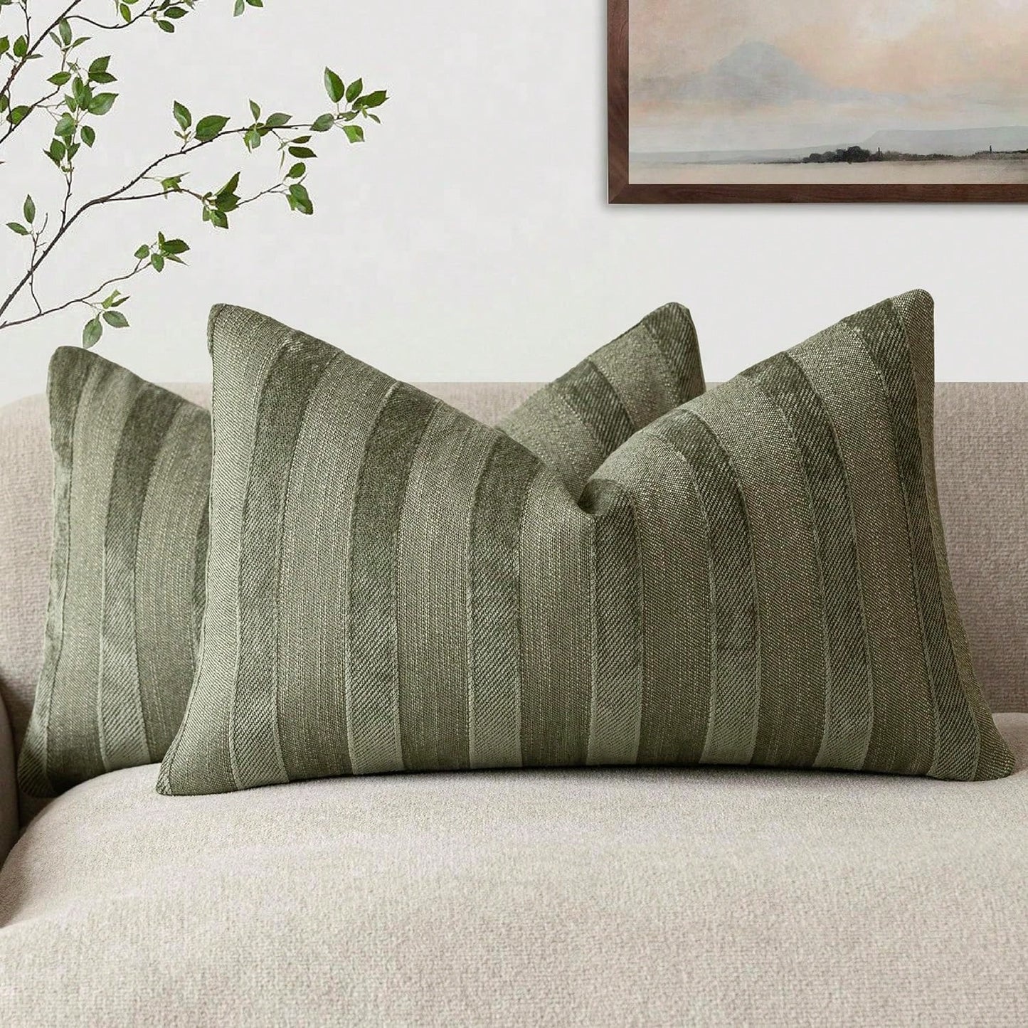 1pc/2pcs Olive Green 3D Striped Throw Pillow Cover (Pillow Insert Not Included), Modern Fashionable Soft Chenille And Faux Linen Blend Dual-Tone Striped Comfortable Cushion Cover, Suitable For Home So