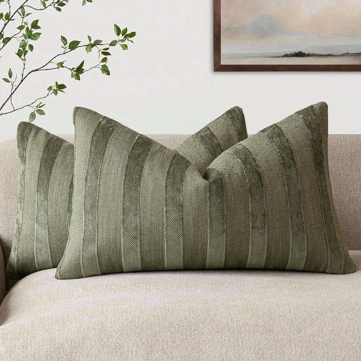 1pc/2pcs Olive Green 3D Striped Throw Pillow Cover (Pillow Insert Not Included), Modern Fashionable Soft Chenille And Faux Linen Blend Dual-Tone Striped Comfortable Cushion Cover, Suitable For Home So