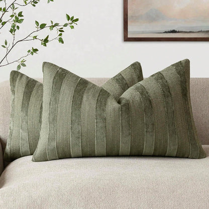 1pc/2pcs Olive Green 3D Striped Throw Pillow Cover (Pillow Insert Not Included), Modern Fashionable Soft Chenille And Faux Linen Blend Dual-Tone Striped Comfortable Cushion Cover, Suitable For Home So