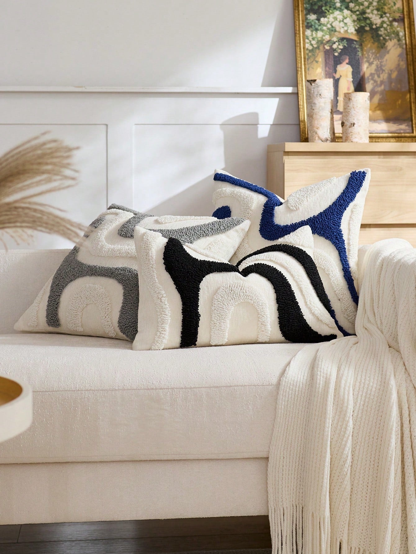 1pc/2pcs Sage Green Wavy Tufted Throw Pillow Cover, Bohemian Style Textured Abstract Wave Cushion Cover, Chenille Pillowcase With Hidden Zipper, Suitable For Sofa Living Room Bedroom Home Decor, Pillo