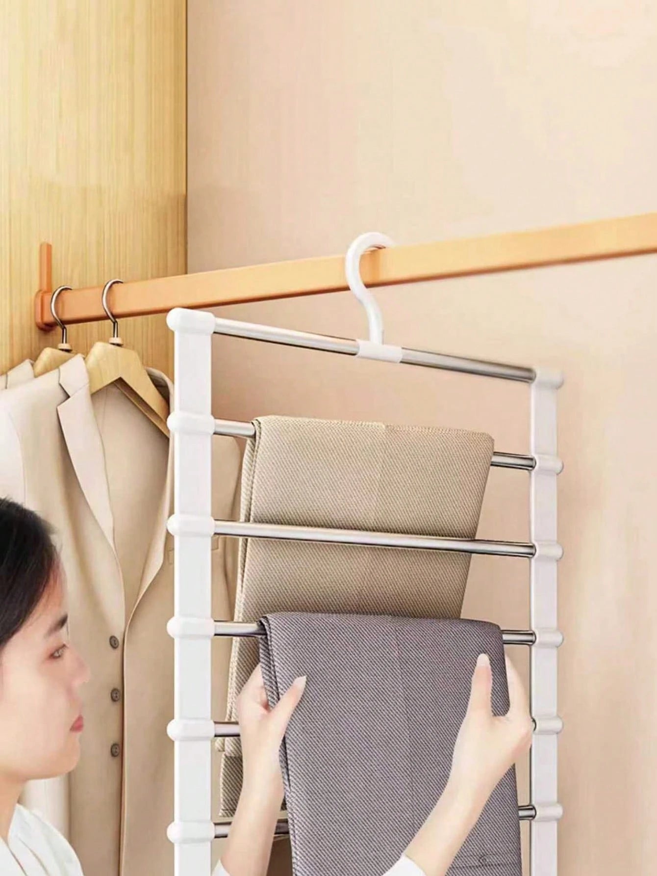1pc/2pcs Wardrobe Storage Organizer Rack, Pants Hanger Saves Space, Made Of Aluminum Alloy, Used For Organizing And Storing Clothes, Scarves, Jeans, Essential For Dorm, College Girls, Household
