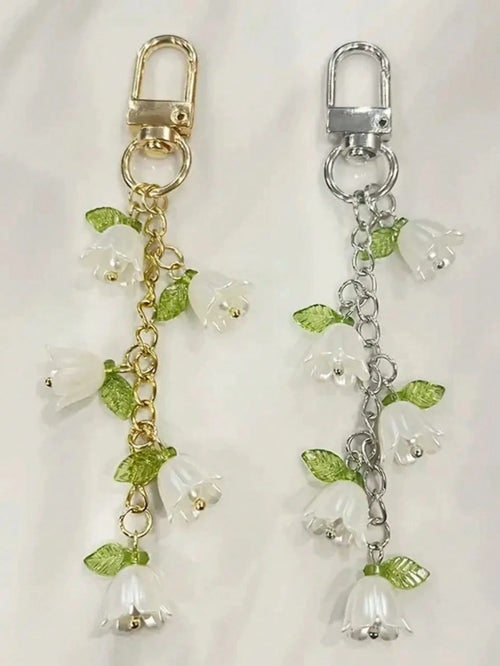 1pc/2pcs Women's Elegant Lily Of The Valley Keychain, Lily Of The Valley Beaded Pendant, Fresh Style Hanging Decoration Suitable For Bags, Backpacks And Car Key Fobs