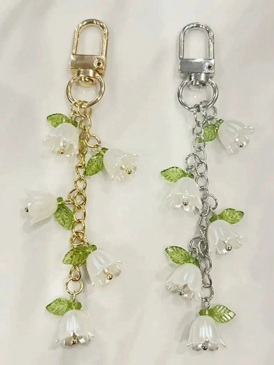 1pc/2pcs Women's Elegant Lily Of The Valley Keychain, Lily Of The Valley Beaded Pendant, Fresh Style Hanging Decoration Suitable For Bags, Backpacks And Car Key Fobs