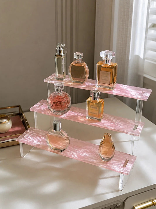 1pc 3-Tier Acrylic Trapezoid Display Rack, Each Tier Can Hold Multiple Bottles Of Fragrance, Aromatherapy, Essential Oils, Cosmetics, Modern Minimalist Style, Each Tier Surface With Wavy Pattern, Suit