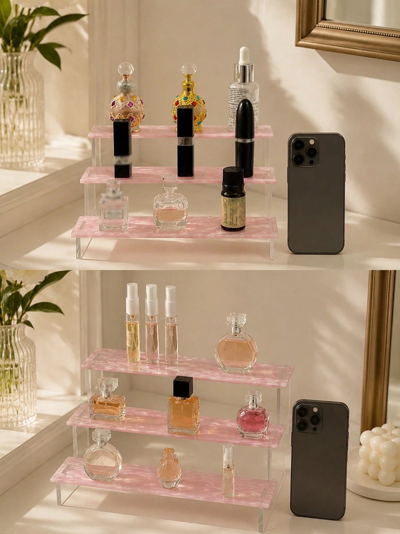 1pc 3-Tier Acrylic Trapezoid Display Rack, Each Tier Can Hold Multiple Bottles Of Fragrance, Aromatherapy, Essential Oils, Cosmetics, Modern Minimalist Style, Each Tier Surface With Wavy Pattern, Suit