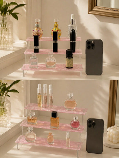 1pc 3-Tier Acrylic Trapezoid Display Rack, Each Tier Can Hold Multiple Bottles Of Fragrance, Aromatherapy, Essential Oils, Cosmetics, Modern Minimalist Style, Each Tier Surface With Wavy Pattern, Suit