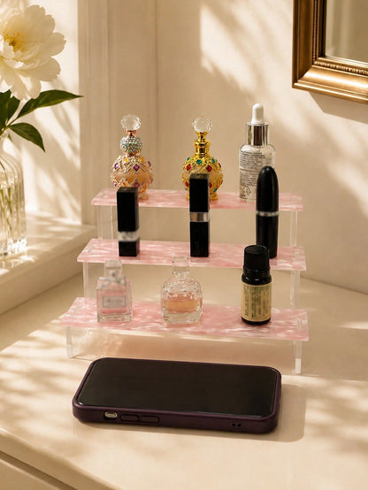 1pc 3-Tier Acrylic Trapezoid Display Rack, Each Tier Can Hold Multiple Bottles Of Fragrance, Aromatherapy, Essential Oils, Cosmetics, Modern Minimalist Style, Each Tier Surface With Wavy Pattern, Suit