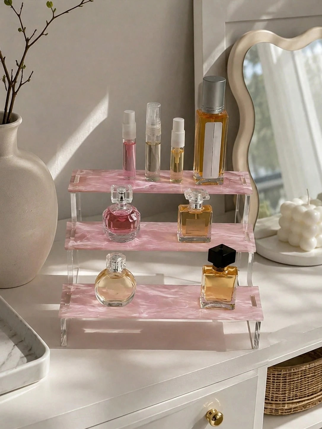 1pc 3-Tier Mica Ripple Acrylic Display Stand, Perfume Organizer Display Riser,Clear Cosmetic Display Shelf For Bathroom Vanity,Cupcake Stand For Party Dessert.Suitable For Perfume Collectors,Beauty St