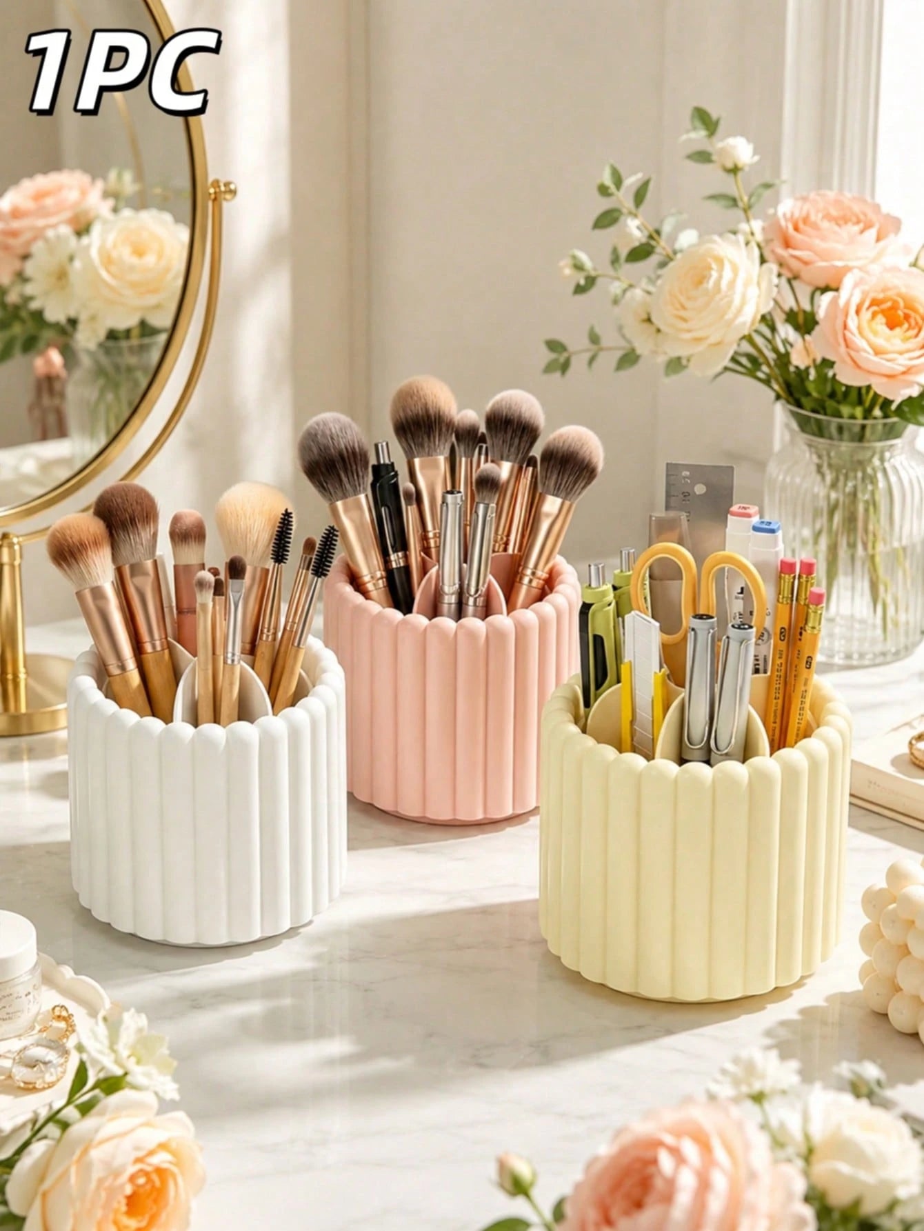 1pc 360° Rotating Makeup Brush Holder, Large Capacity Multi-Compartment Cosmetic Storage Box, Space-Saving Desktop Pen Holder Cup, Suitable For Brushes, Lipsticks, Scissors, Stationery, Vanity, Office