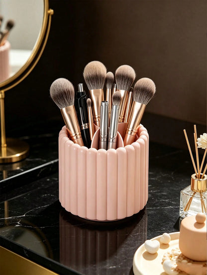 1pc 360° Rotating Makeup Brush Holder, Large Capacity Multi-Compartment Cosmetic Storage Box, Space-Saving Desktop Pen Holder Cup, Suitable For Brushes, Lipsticks, Scissors, Stationery, Vanity, Office