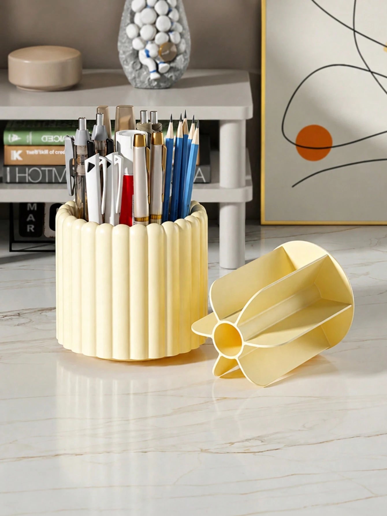 1pc 360° Rotating Makeup Brush Holder, Large Capacity Multi-Compartment Cosmetic Storage Box, Space-Saving Desktop Pen Holder Cup, Suitable For Brushes, Lipsticks, Scissors, Stationery, Vanity, Office