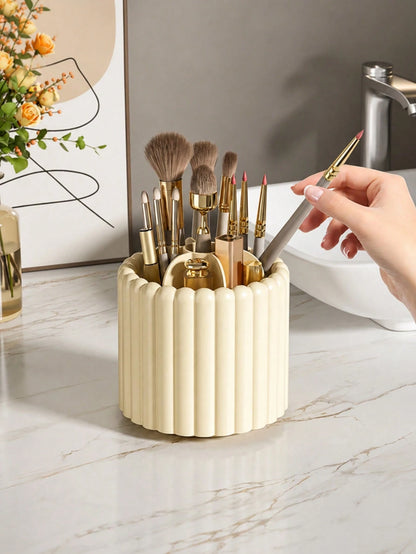 1pc 360° Rotating Makeup Brush Holder, Large Capacity Multi-Compartment Cosmetic Storage Box, Space-Saving Desktop Pen Holder Cup, Suitable For Brushes, Lipsticks, Scissors, Stationery, Vanity, Office