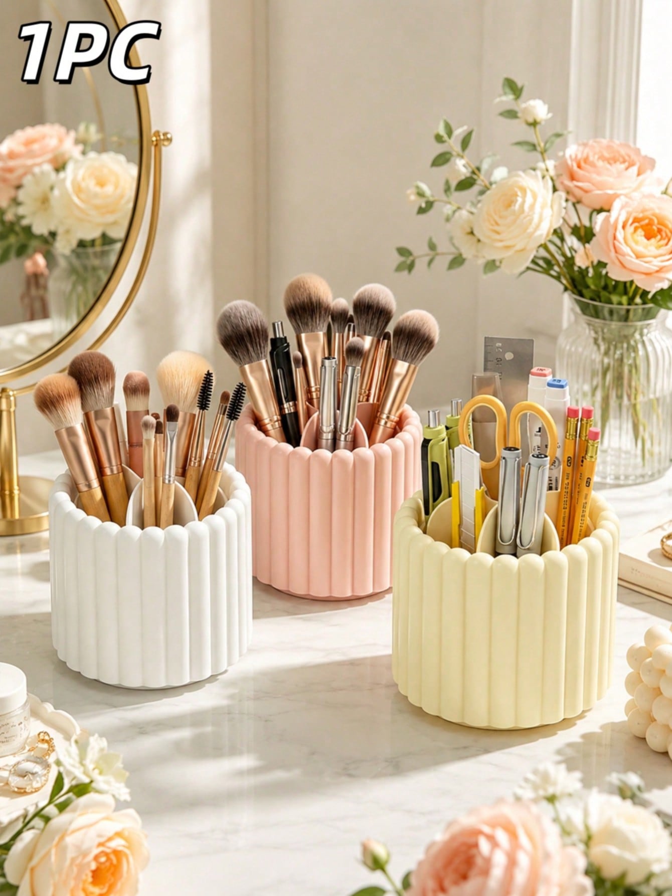 1pc 360° Rotating Makeup Brush Holder, Large Capacity Multi-Compartment Cosmetic Storage Box, Space-Saving Desktop Pen Holder Cup, Suitable For Brushes, Lipsticks, Scissors, Stationery, Vanity, Office