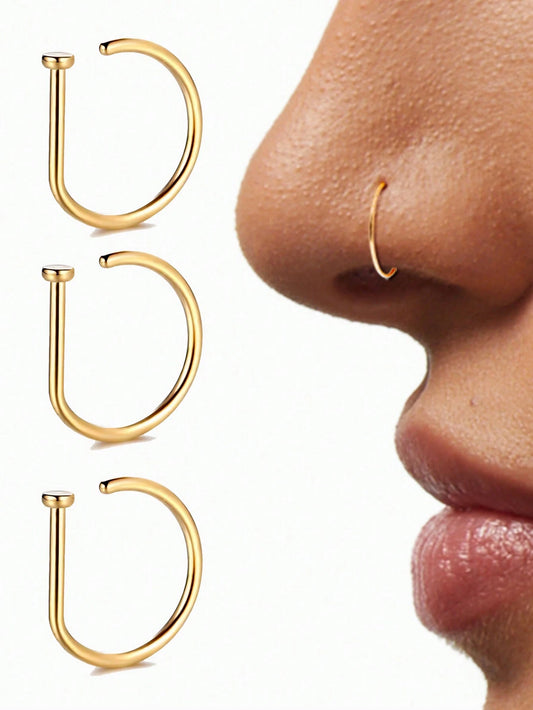 1pc/3pcs/5pcs Women/Girls Fake Nose Ring, Gold Stainless Steel D-Shape, Minimalist American Style, Personalized Letter, Hip Hop Street Style, Nose Stud Jewelry