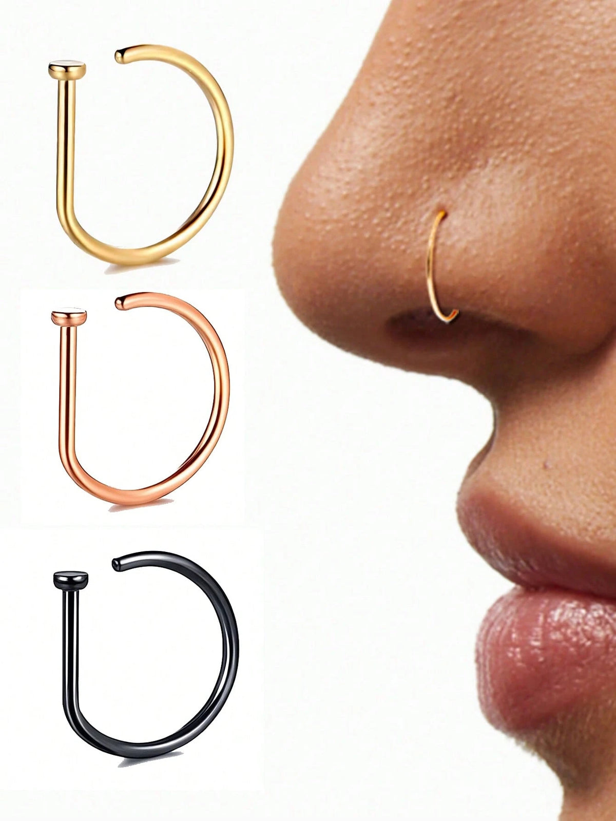 1pc/3pcs/5pcs Women/Girls Fake Nose Ring, Gold Stainless Steel D-Shape, Minimalist American Style, Personalized Letter, Hip Hop Street Style, Nose Stud Jewelry