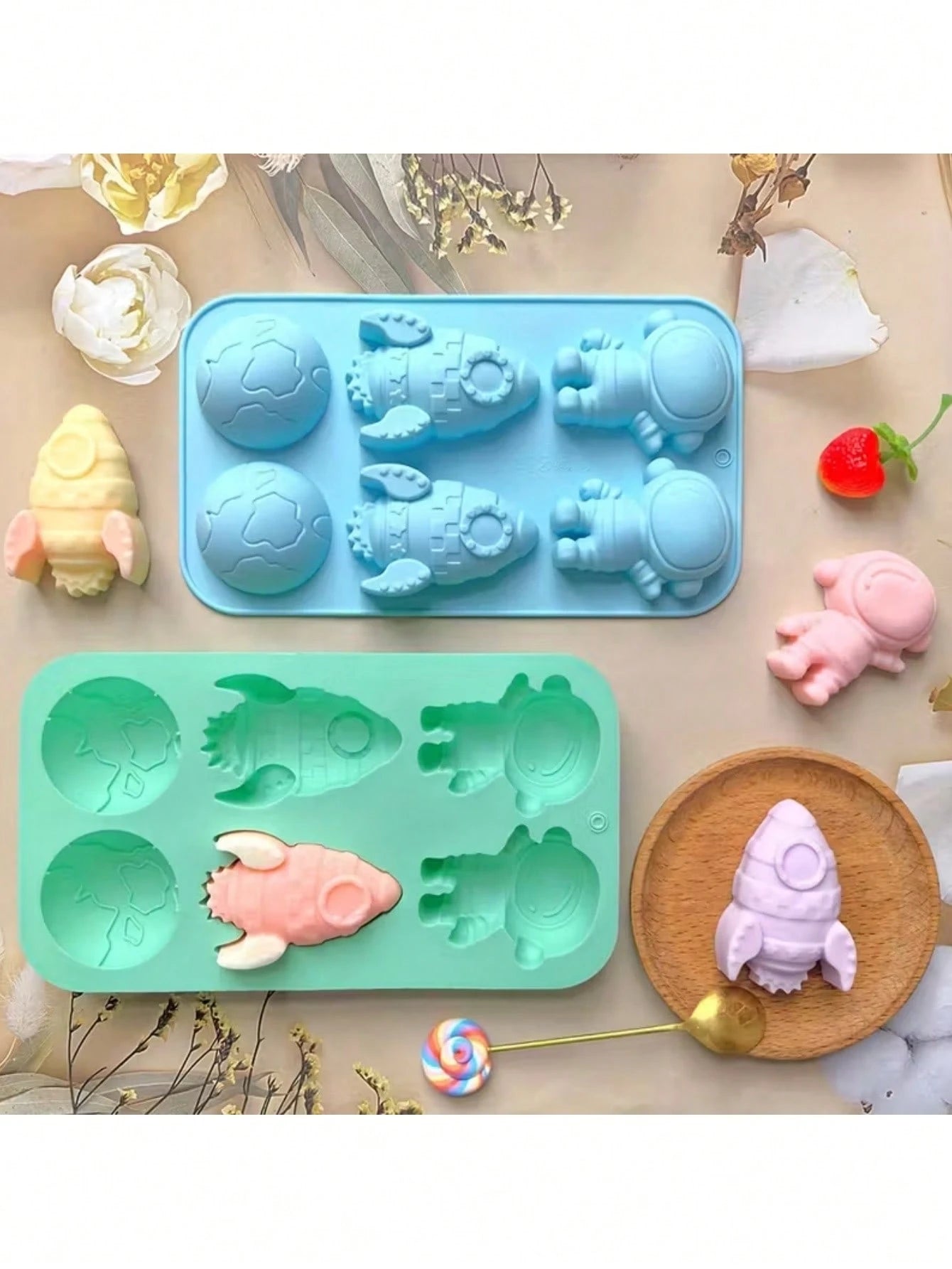 1pc 6-Cavity Silicone Rocket Astronaut Shaped Soap Mold, Epoxy Resin Mold, Candle Mold, Soap Mold, Clay Mold, Plaster Resin Crafting Mold, For DIY Decoration, Suitable For Halloween, Christmas And New