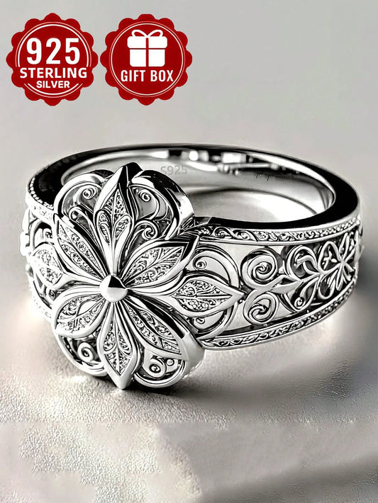 1pc 925 Sterling Silver Ring, Hollow Floral Pattern Craft, Size 7-11, Suitable For Women's Daily Wear, Comes With Gift Box
