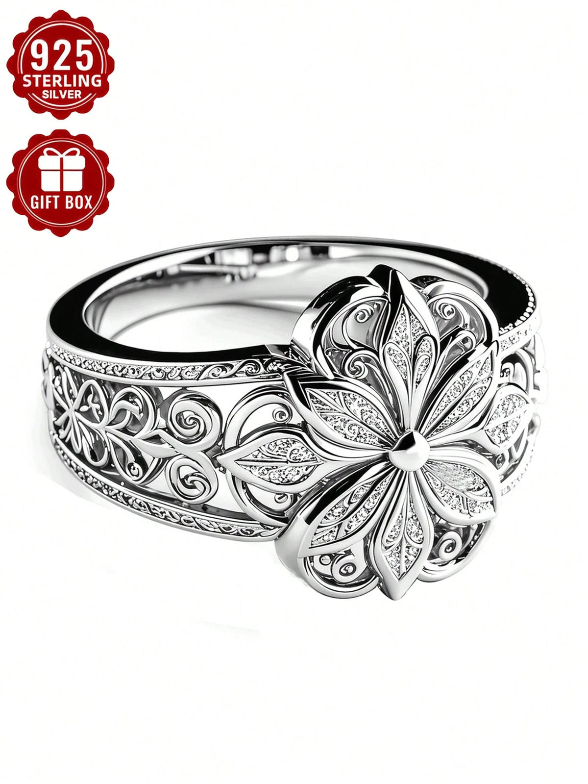 1pc 925 Sterling Silver Ring, Hollow Floral Pattern Craft, Size 7-11, Suitable For Women's Daily Wear, Comes With Gift Box