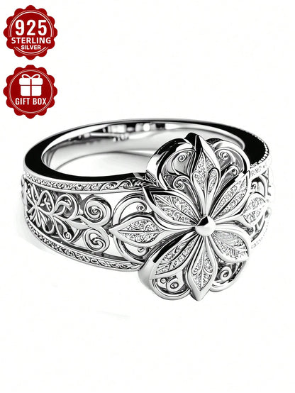 1pc 925 Sterling Silver Ring, Hollow Floral Pattern Craft, Size 7-11, Suitable For Women's Daily Wear, Comes With Gift Box