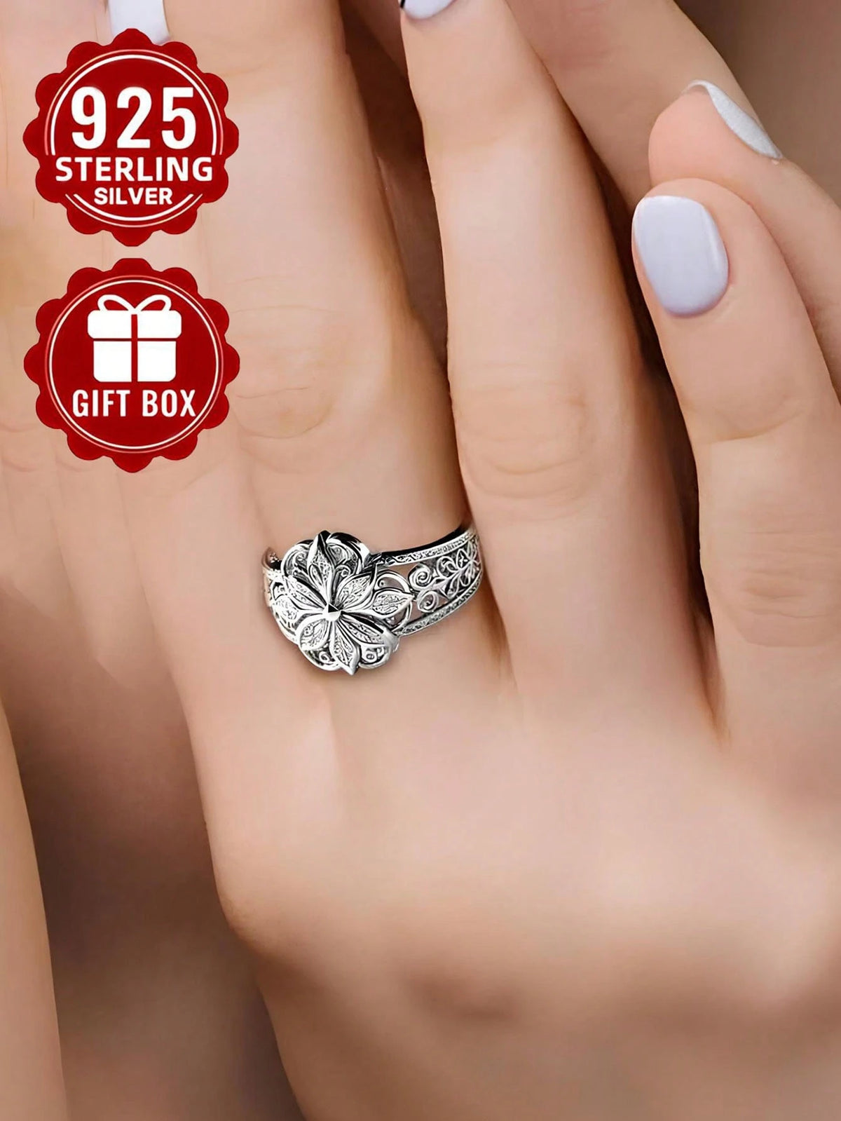 1pc 925 Sterling Silver Ring, Hollow Floral Pattern Craft, Size 7-11, Suitable For Women's Daily Wear, Comes With Gift Box