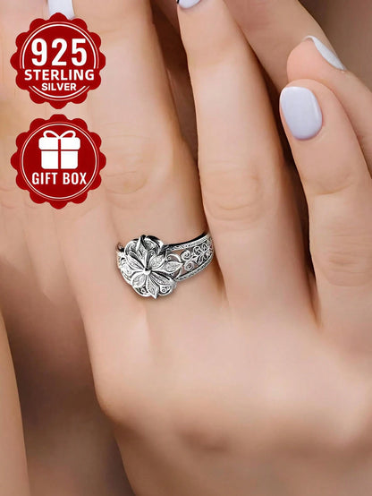 1pc 925 Sterling Silver Ring, Hollow Floral Pattern Craft, Size 7-11, Suitable For Women's Daily Wear, Comes With Gift Box