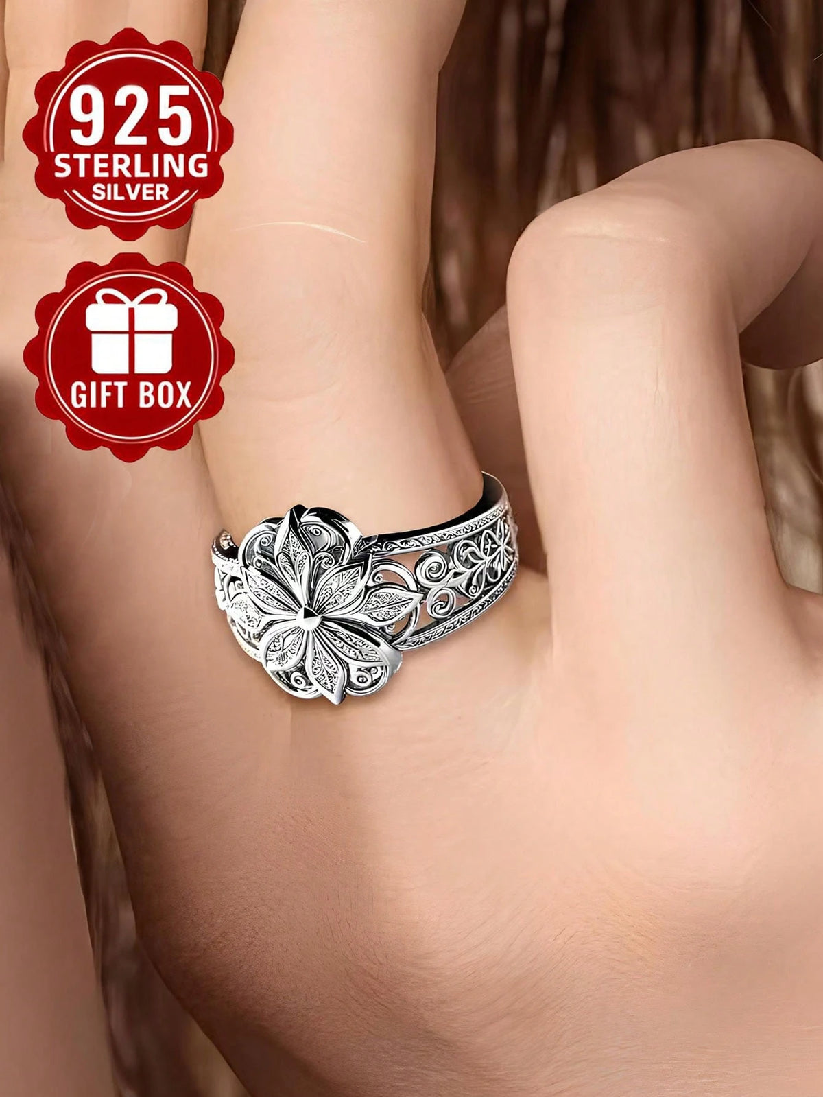 1pc 925 Sterling Silver Ring, Hollow Floral Pattern Craft, Size 7-11, Suitable For Women's Daily Wear, Comes With Gift Box