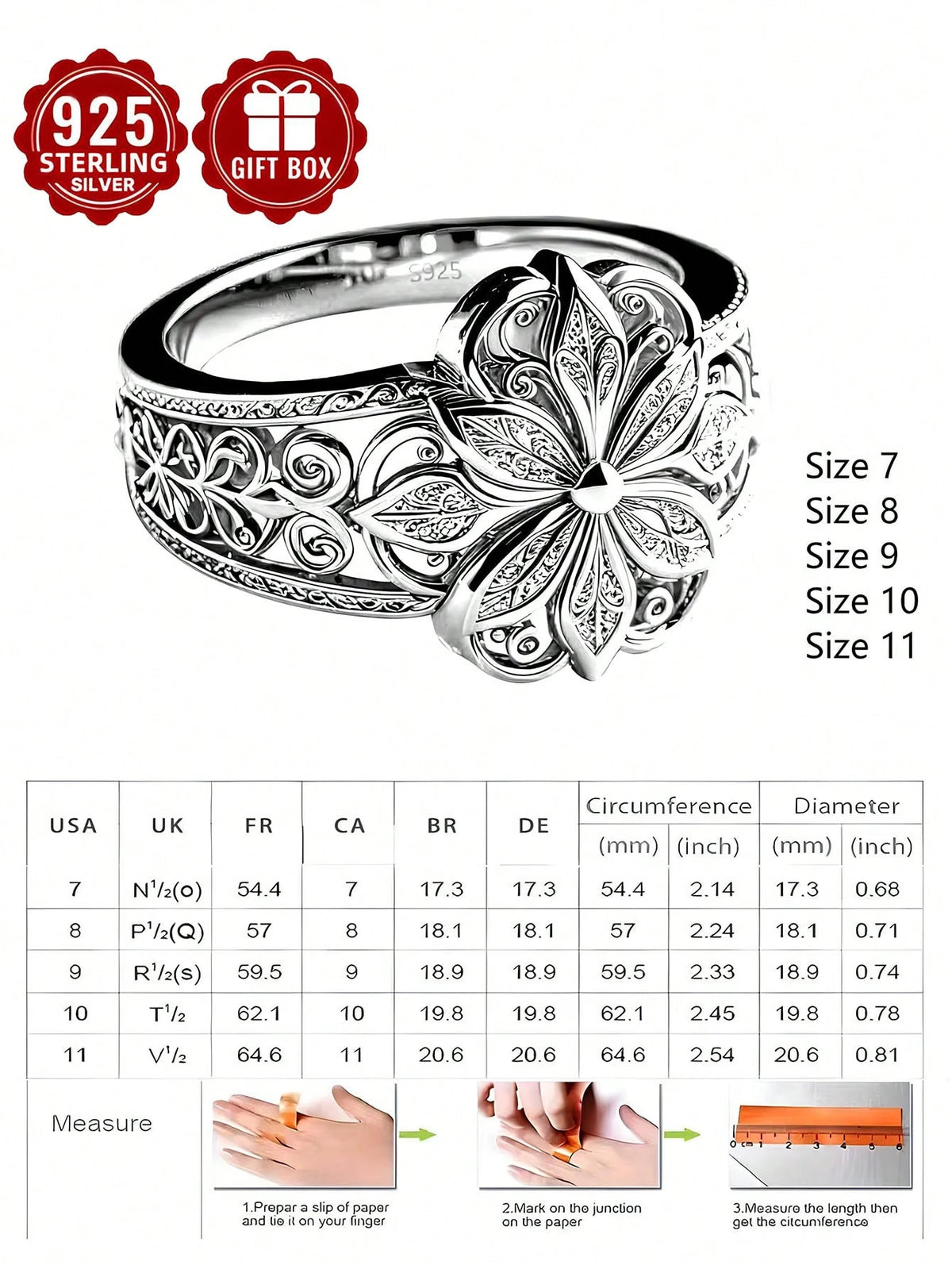 1pc 925 Sterling Silver Ring, Hollow Floral Pattern Craft, Size 7-11, Suitable For Women's Daily Wear, Comes With Gift Box