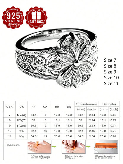 1pc 925 Sterling Silver Ring, Hollow Floral Pattern Craft, Size 7-11, Suitable For Women's Daily Wear, Comes With Gift Box