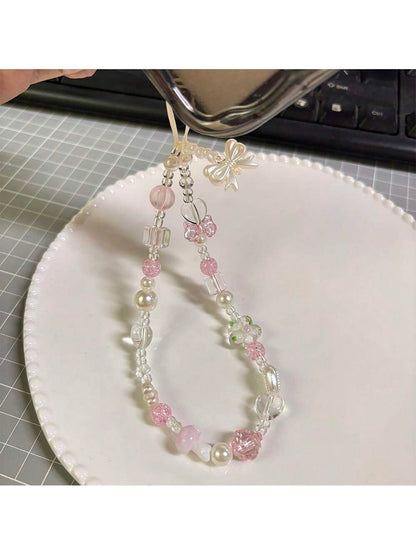 1pc Acrylic Flower & Bow Crystal Beaded Phone Lanyard, Wrist Strap Phone Hanging Cord, Suitable For CCD Camera, Keys, Bags, Phone Hanging Compatible With Android And Most Smartphone,Gifts For Mother