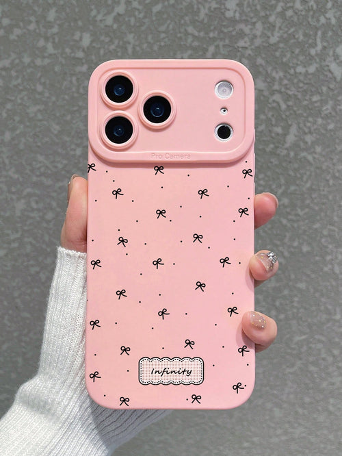 1pc Aesthetic Coquette All-Over Print Mini Bow & Infinit Letter Label Pink Phone Case, Ins Korean Style Soft Girl Healing Vibe Matte Soft Shell, Pink Bow Phone Case, Coquette Pure Girl Style Protectiv