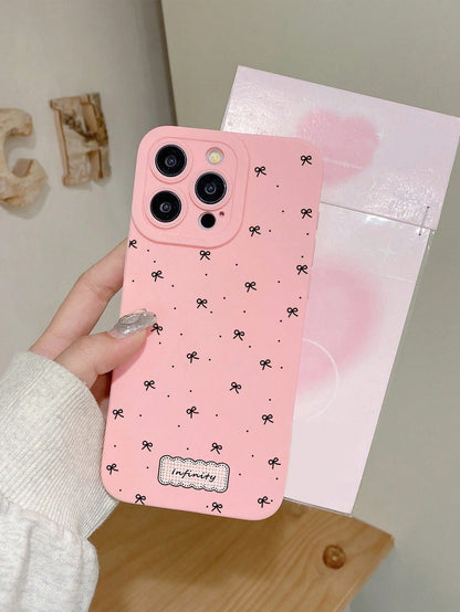 1pc Aesthetic Coquette All-Over Print Mini Bow & Infinit Letter Label Pink Phone Case, Ins Korean Style Soft Girl Healing Vibe Matte Soft Shell, Pink Bow Phone Case, Coquette Pure Girl Style Protectiv