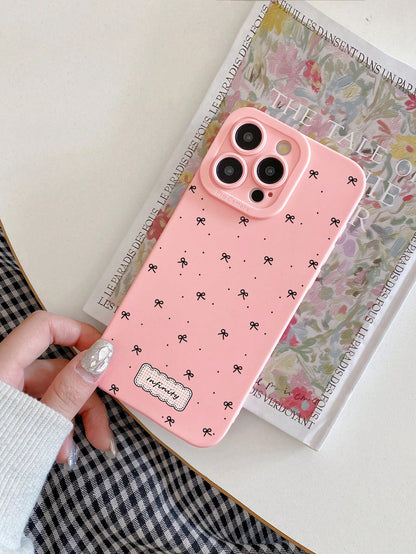 1pc Aesthetic Coquette All-Over Print Mini Bow & Infinit Letter Label Pink Phone Case, Ins Korean Style Soft Girl Healing Vibe Matte Soft Shell, Pink Bow Phone Case, Coquette Pure Girl Style Protectiv