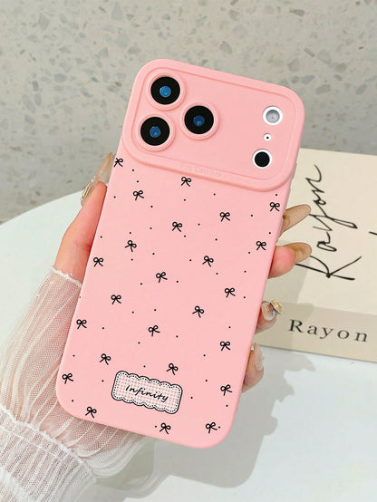 1pc Aesthetic Coquette All-Over Print Mini Bow & Infinit Letter Label Pink Phone Case, Ins Korean Style Soft Girl Healing Vibe Matte Soft Shell, Pink Bow Phone Case, Coquette Pure Girl Style Protectiv