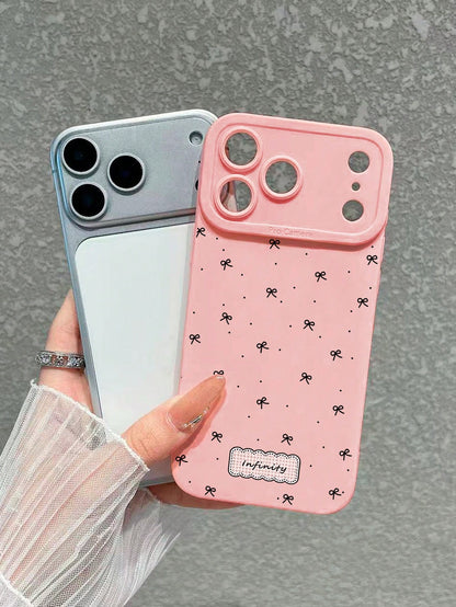 1pc Aesthetic Coquette All-Over Print Mini Bow & Infinit Letter Label Pink Phone Case, Ins Korean Style Soft Girl Healing Vibe Matte Soft Shell, Pink Bow Phone Case, Coquette Pure Girl Style Protectiv