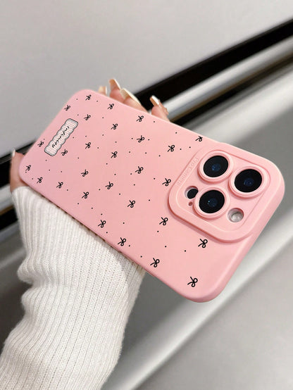 1pc Aesthetic Coquette All-Over Print Mini Bow & Infinit Letter Label Pink Phone Case, Ins Korean Style Soft Girl Healing Vibe Matte Soft Shell, Pink Bow Phone Case, Coquette Pure Girl Style Protectiv