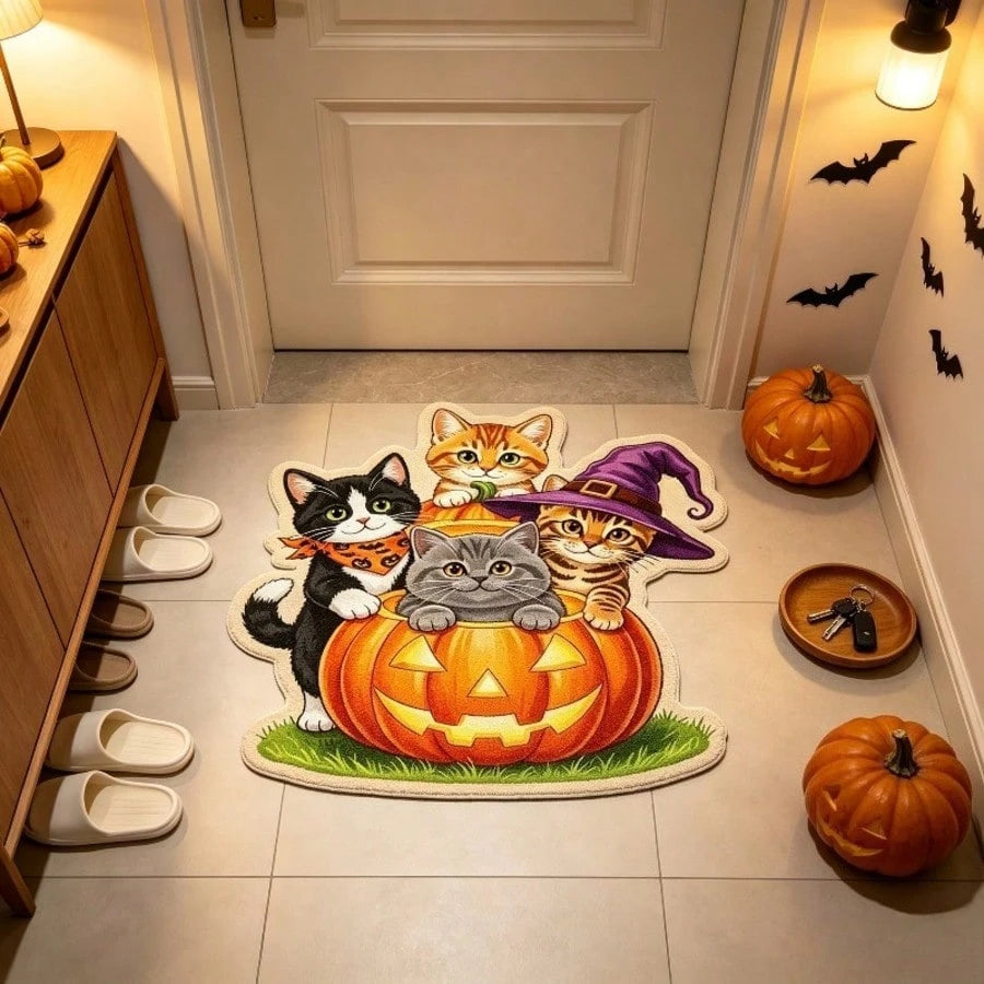 1pc American Halloween Theme Cat Pumpkin Alien 2D Flat Doormat, Hand-Cut With 1-5cm Error, Bathroom Rug, Home Decor, Living Room Small Rug, Bedroom Carpet, Washable
