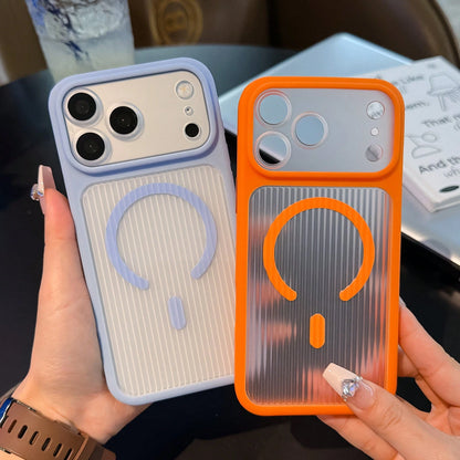 1pc Apple 17 Ice Mist Striped Corrugated Anti-Slip Skin-Feel Magnetic 2-In-1 Frame Phone Case