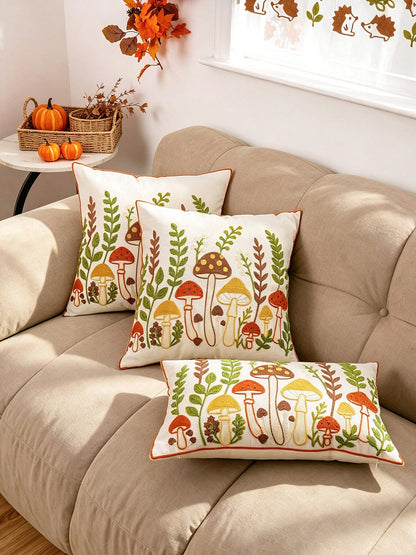 1PC Autumn Mushroom Embroidered Pillow Cover, Multiple Sizes Available, Universal Home Decor For Sofa & Bed, Special Pillowcase For Harvest Festival, Insert Not Included